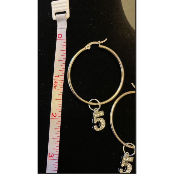 Silver Hoop Earrings with Rhinestone Crystal 5 Charms - Picture 3 of 4